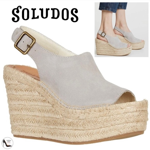Soludos Sevilla Stone Grey Suede Espadrille Platform Wedge Slingback Sandals 10 - Picture 1 of 13